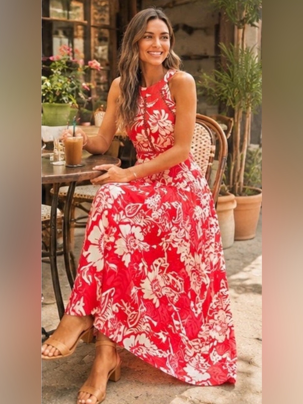 Abel The Label Hibiscus Floral Open Back Halter Maxi Dress Resort M